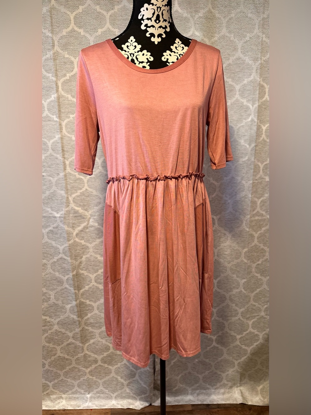 Veveret Ruffle Waist Midi Women's Scoop Neck Pocket Dress in Dusty Rose Sz M